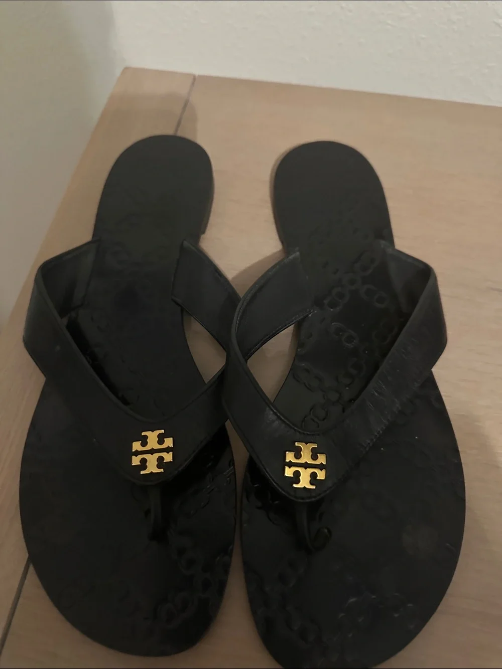 Tory Burch Black Flip Flop Sandals with Gold Logo